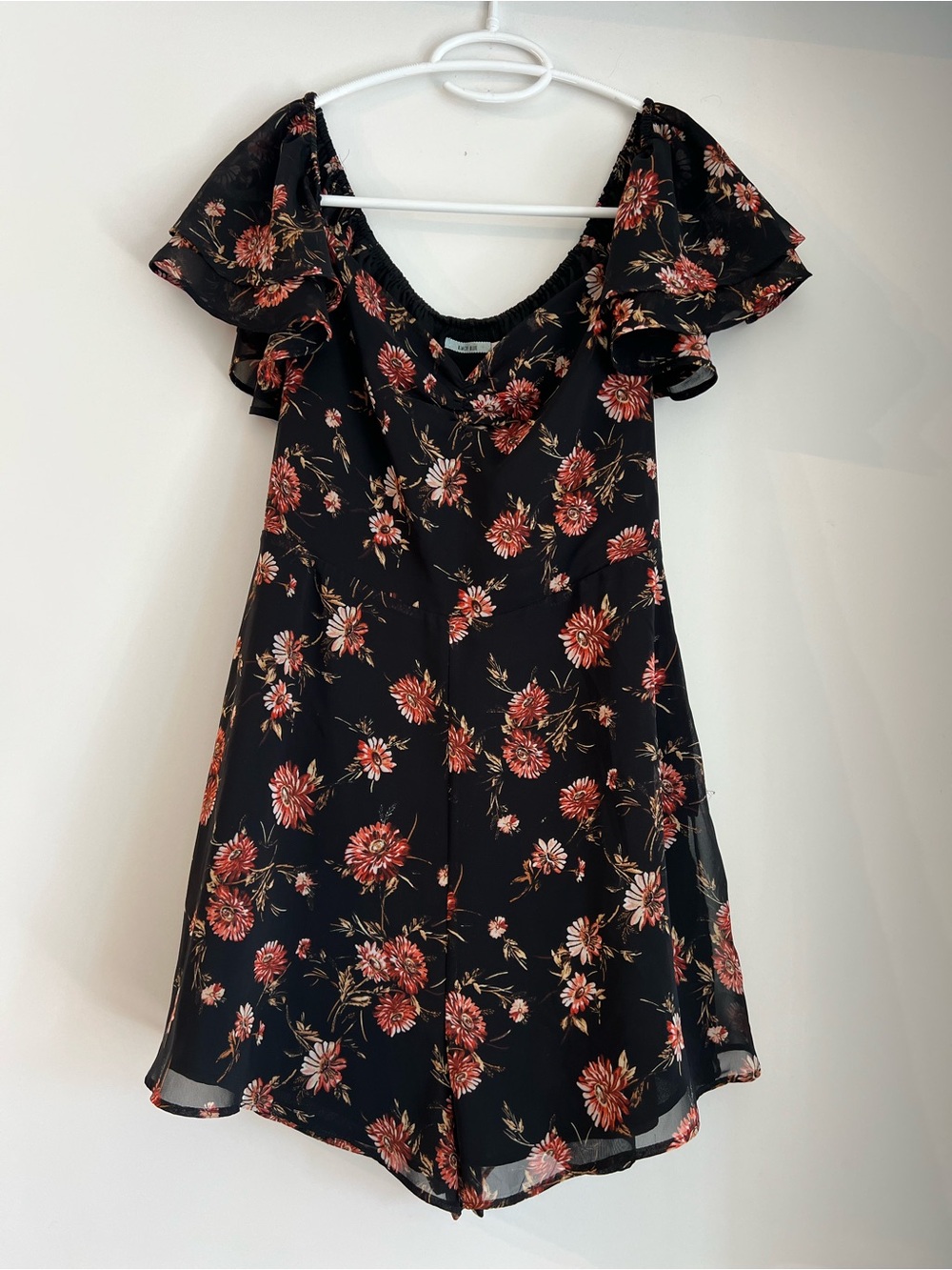 Kimchi Blue Black Floral Off-Shoulder Romper in Red and Pink
